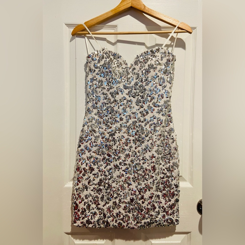 As U Wish White Sequin Strapless Mini Dress with Silver & Blue Accents